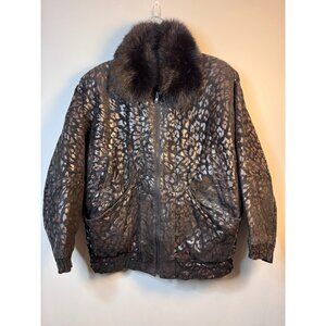 VTG 80s Greg Bell Leopard Leather Bomber Jacket Fox Fur Collar EUC Large